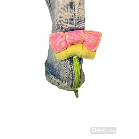 Deadstock 1980's stonewash Kids Capri Jeans Seruchi color block bows Size 5/6 - Picture 2 of 6